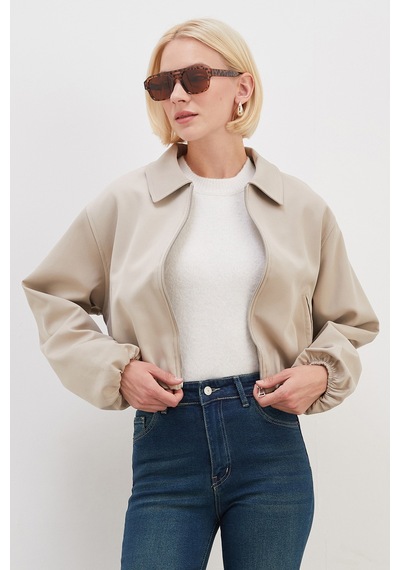 Fullamoda Fermuarlı Polo Yaka Bomber Ceket Bej