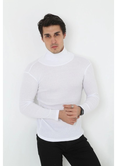 Barlashive Erkek Fitilli Kaşkorse Kumaş Boğazlı Full Likralı Slimfit Body - Beyaz Çok Renkli