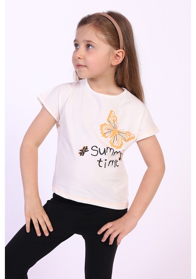 Toontoy Kids Toontoy Kız Çocuk Summer Time Baskılı Tişört Ekru
