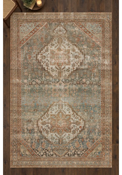 Artloop İstanbul Yeşil Vintage Desenli Dokuma Tabanlı Şönil Halı Al 629 Yeşil-vintage