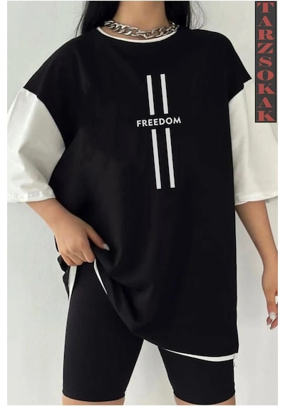 Siyah Oversize Çift Renk Freedom Yazı Baskılı Unisex Tshirt Beyaz