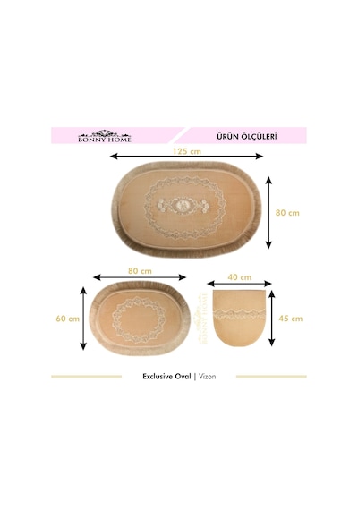 Exclusive Oval Vizon 3'lü Dantelli Ve Saçaklı Banyo Paspası Püskü Vizon
