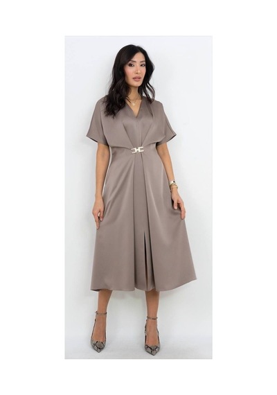 Dorne Moda Aksesuar Detaylı Midi Elbise - Düğün - Mezuniyet - Ofis Şıklığı Gri Gri