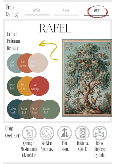 Rafel 901 Mavi Yeşil Ağaç Çiçekli Halı Yıkanabilir İnce Dokuma Yolluk Salon Oturma Odası Halısı Renkli B