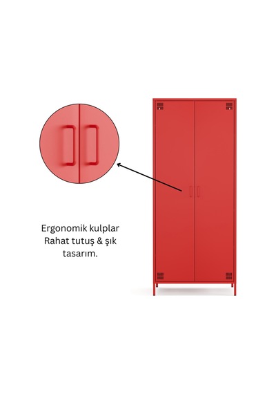 Pera Metal Elbise Dolabı, Soyunma Dolabı, İki Kapılı, 80,50 X 50 X 189,50 Cm Ral 3020 Kırmızı