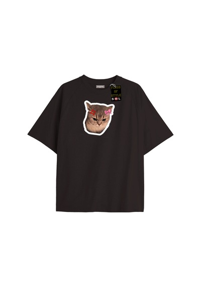 Flood Of Style Siyah Oversize T-shirt Tatlı Kızgın Kedi Özel Tasarım