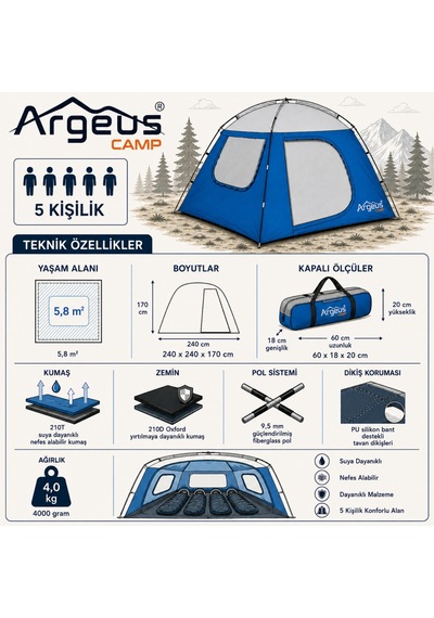 5 Kişilik Gazebo Kamp Gölgeliği - Kamp Çadırı - 240x240x170cm - Argeus Skydome Çok Renkli