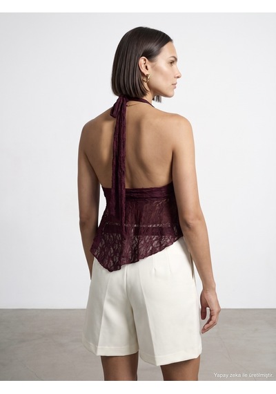 Dilvin 21228 Dantel Halter Yaka Top-bordo