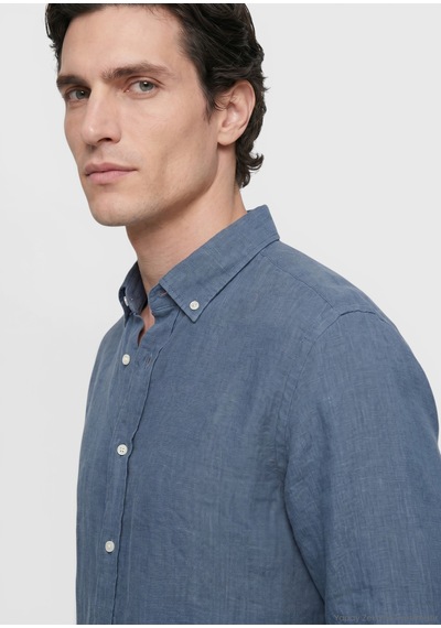 Ramsey Petrol Düz Casual Fit Uzun Dokuma Casual %100 Keten Gömlek