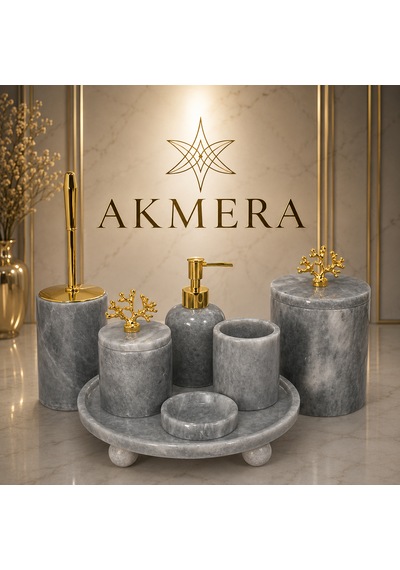 Lüks Gri Mermer Top Ayaklı 7 Parça Banyo Seti Gri - Krom
