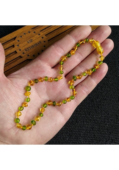 Sertifikalı Bal Yeşil 32 cm Kız Erkek Bebek Diş Kolyesi Gümüş