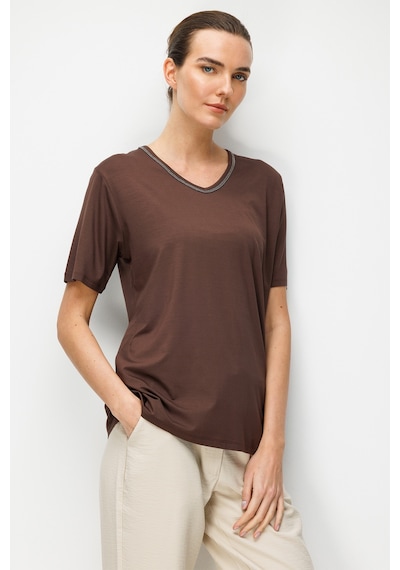 Desen Triko Kadın V Yaka Yaka Kenarı Zincirli Penye T-shirt 26707 Kahverengi Kahverengi