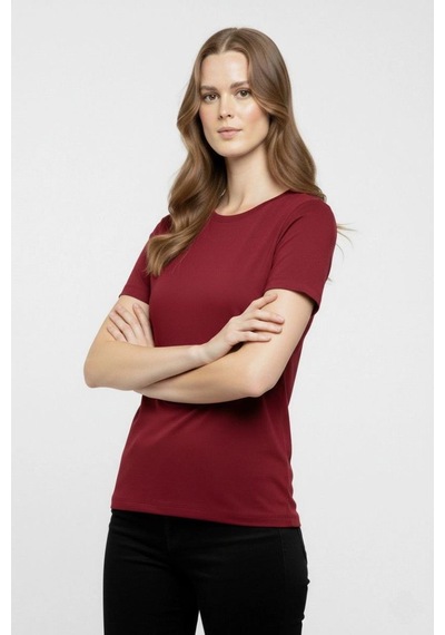 Kadın T-shirt Bisiklet Yaka Slim Fit Likralı Tişört Yazlık Basic Body - Bordo