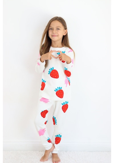 Kız Çocuk Orta Kalınlıkta Basic Baskılı Pijama Takımı Beyaz
