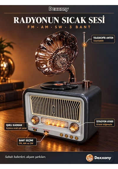Dexxony Dx-2528 Antrasit Nostaljik Radyo Retro Gramofon Büyük Boy Şarjlı Bluetooth Hoparlör Fm Usb