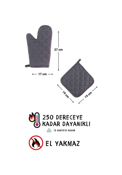 Simple 3lü Set Ayar Askılı Mutfak Önlüğü Seti Eldiven, Tutacak Füme