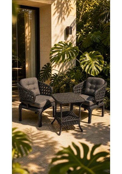 Cenevre Raddan 1+1 Bistro Set Minderli 2 Kişilik Raddan Oturma Grubu Camlı Sehpa Bahçe Balkon Teras Set Antrasit