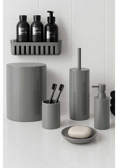 Primanova Flores Banyo Seti + Yapışkanlı Raf Gri