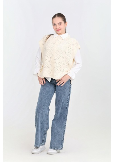 Modanino Kız Çocuk 3'lü Jean Takım Pantolon+gömlek+triko Yelek 5-15 Yaş 12545 Beyaz
