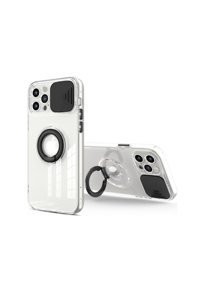 More Tr Ally Apple Uyumlu iPhone 12 Pro 6 1inç Kılıf Sürgülü Kamera Lens Korumalı Yüzük Standlı Silikon Kılıf Siyah