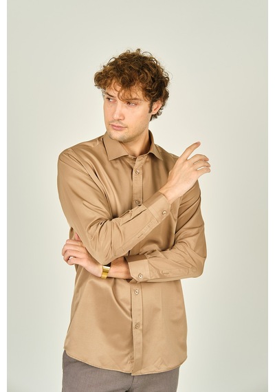 Figs Erkek Slim Fit Uzun Kollu Pamuklu Parlak Kumaş Gömlek 0013 Camel Camel