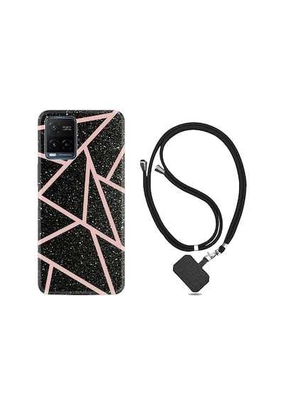 Vivo V21 Kılıf Desenli Silikon Boyun Askılı Pembe Şeritli Mermer 1312