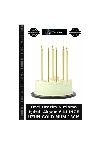 Özel Üretim Kutlama Işıltılı Akşam 6 Lı İnce Uzun Gold Mum 13cm