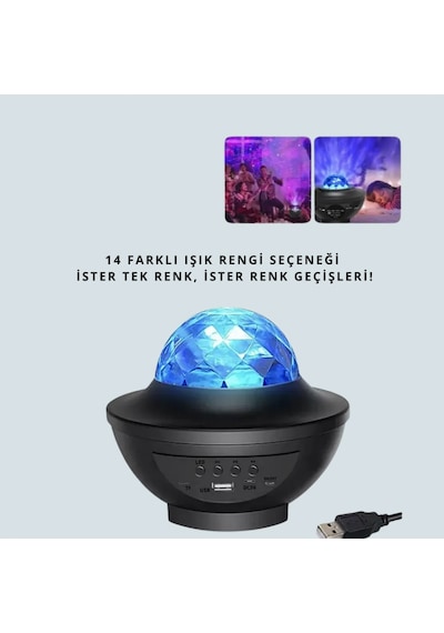 Ses Algılamalı Yıldız Ve Okyanus Projektörlü Gece Lambası Bluetooth Hoparlör, 10 Işık Modu Ve Uzak Renkli