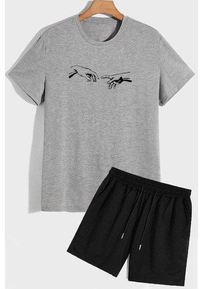 Uyguntarz Rahat Tasarım Michelangelo Şort T-shirt Eşofman Takımı Gri