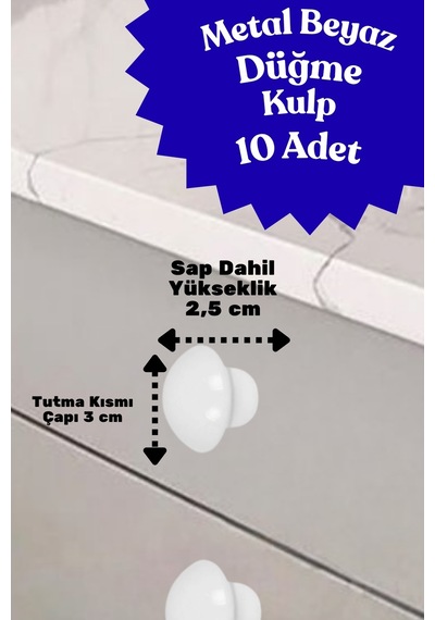 10 Adet Metal Yuvarlak Düğme Kulp - Çocuk Odası, Mutfak Ve Dolap İçin Modern Çekmece Kulbu Beyaz Beyaz