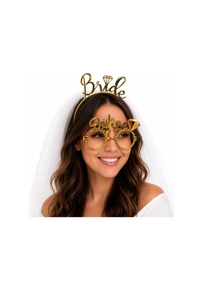 Bride Yazılı Gold Taç Ve Parti Gözlüğü Seti Bx40 +0