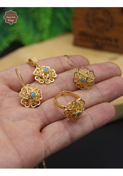 Firuze Taşlı Gül Model Kadın Gold Kaplama 925 Ayar Gümüş Telkari Üçlü Set 201025203 Gümüş