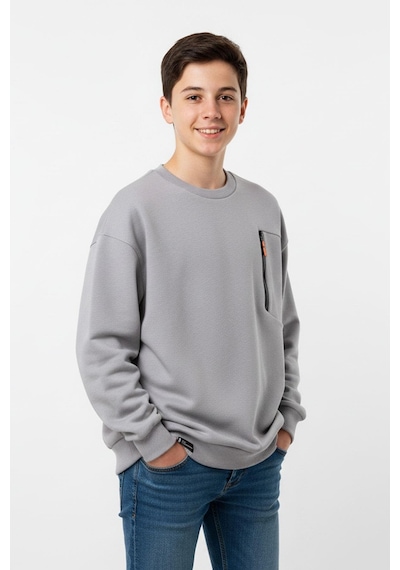 Bisiklet Yaka Cep Fermuar Detaylı Erkek Çocuk Sweatshirt-90852 Gri