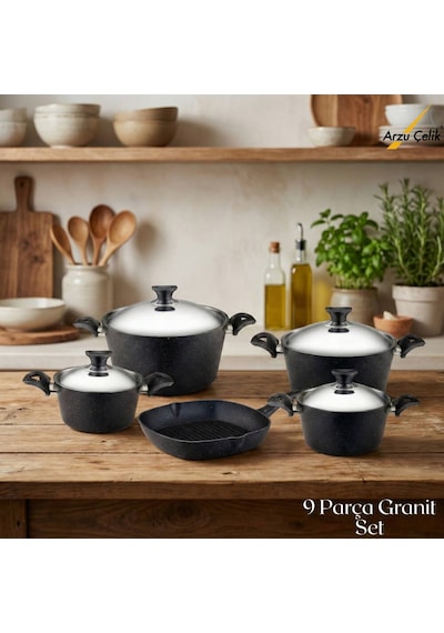 9 Parça Granit Set Çelik Kapak - Siyah Siyah