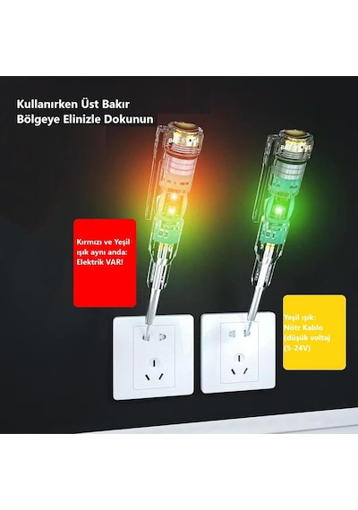 Kontrol Kalemi Elektrik Elektronik Test Cihazı Kırmızı Yeşil Led Işıklı Faz Voltaj Testi Tornavida