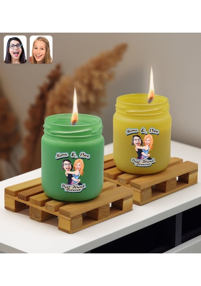 BK Gift Kişiye Özel DTF Best Friend Karikatürlü 2'li Kokulu Mum – Yeşil ve Sarı