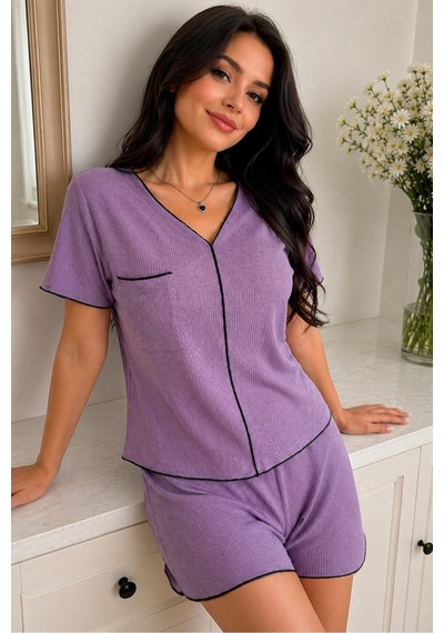 Bella Notte Mor Kısa Kollu V Yaka Biye Detaylı Pijama Takımı