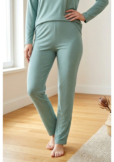 Mataş Kadın Dantelli Bambu Viskon Uzun Kollu Mevsimlik Soft Örme Yumuşak Pijama Takımı Yeşil