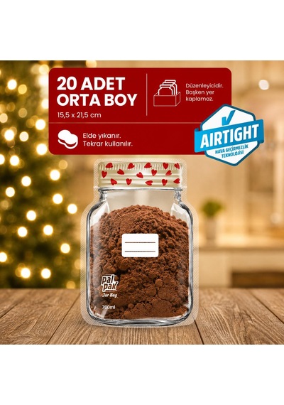 Kalp Desenli Kavanoz Görünümlü Saklama Poşeti 15x22 Cm - 700 Ml 20 Adet Şeffaf