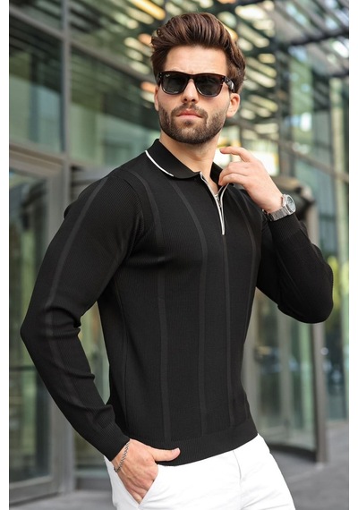 Madmext Siyah Polo Yaka Yarım Fermuarlı Fitilli Erkek Triko Kazak E7515