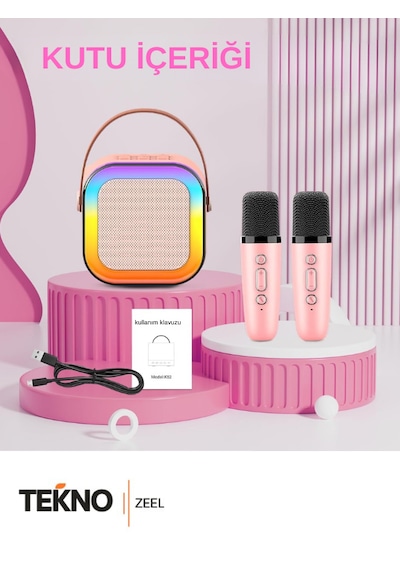 Teknozeel Çift Mikrofonlu Karaoke 5 Ses Efektli Rgb Işıklı Bluetooth Kablosuz Hoparlör Pembe Renk Ses Bombası