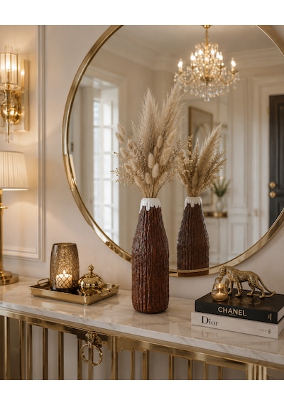 El Yapımı Dekoratif Vazo 26 Cm Kırılmaz Kahverengi Modern Salon Konsol Pampas Vazosu Beyaz - Kahverengi