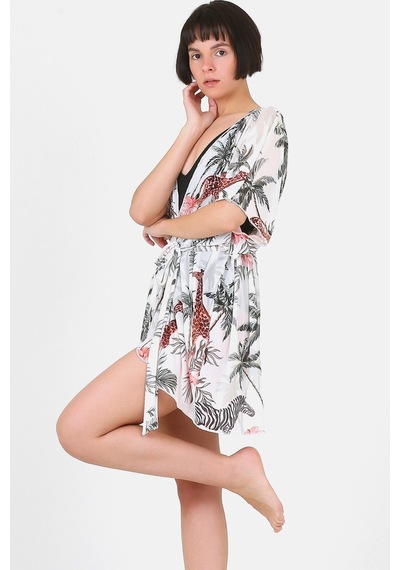 Pareo Plaj Elbisesi Kimono Std Yazlık Oversize Tül Gömlek Kemerli Elbise Tropikal Beyaz