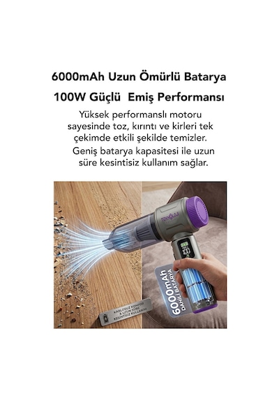 Teknoloji Gelsin Işıklı Göstergeli 22.000 Pa 9 Başlık Yedek Filtre Çantalı Kablosuz Araç İçi Çekim & Üfleme Süpürgesi