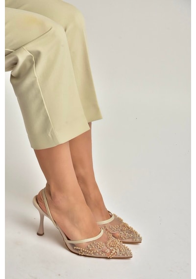 Fox Shoes Y726462415 Bej File Boncuk İşlemeli İnce Topuklu Ayakkabı Bej