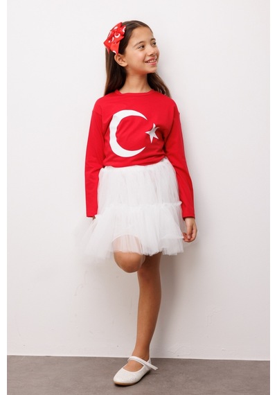Le Mabelle Kırmızı Ay Yıldız Baskılı Uzun Kollu Çocuk Tişört Kırmızı
