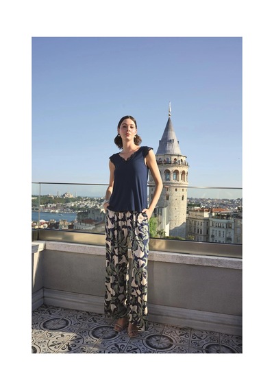 L'ombre Yaprak Desenli Ve Dantelli 3lü Pijama Takımı Lacivert