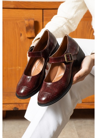 Dabab Shoes Clarıssa Kadın Bordo Ortopedik 4 Cm Topuklu Tokalı Yuvarlak Burun Balerin Babet Klasik Ayakkabı