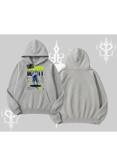 Startmore Kapşonlu Sweatshirt Anime Unity Neon Detaylı Grafik Baskılı Gri