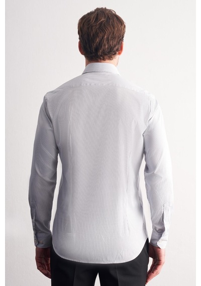 İmza Beyaz - Lacivert Sert Yaka Çizgili Desen Uzun Kol Slim Fit Esnek Gömlek 1004255177 Beyaz - Lacivert